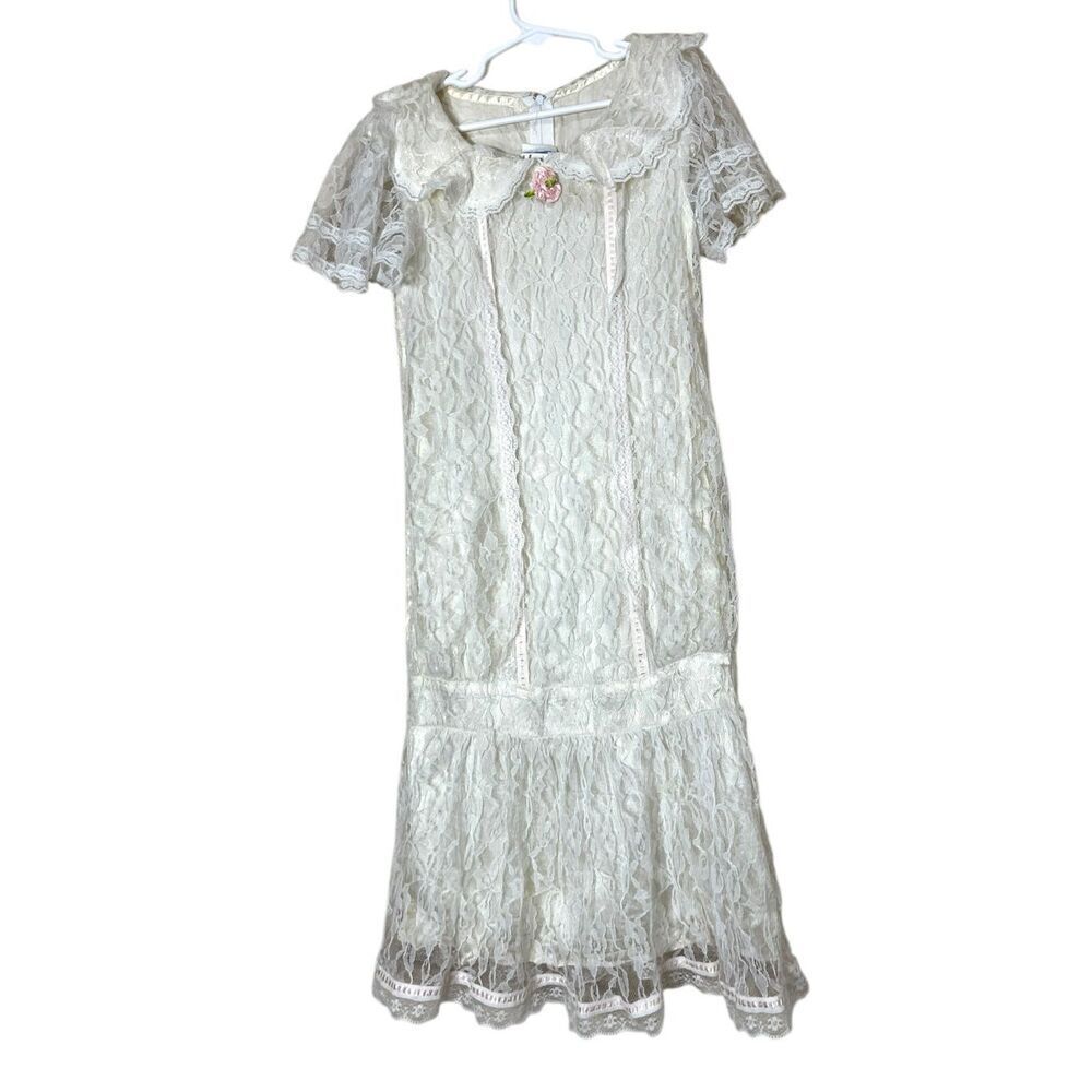 Vintage Jessica McClintock GUNNE SAX White Lace Trim Cottage Prairie Girls Dress